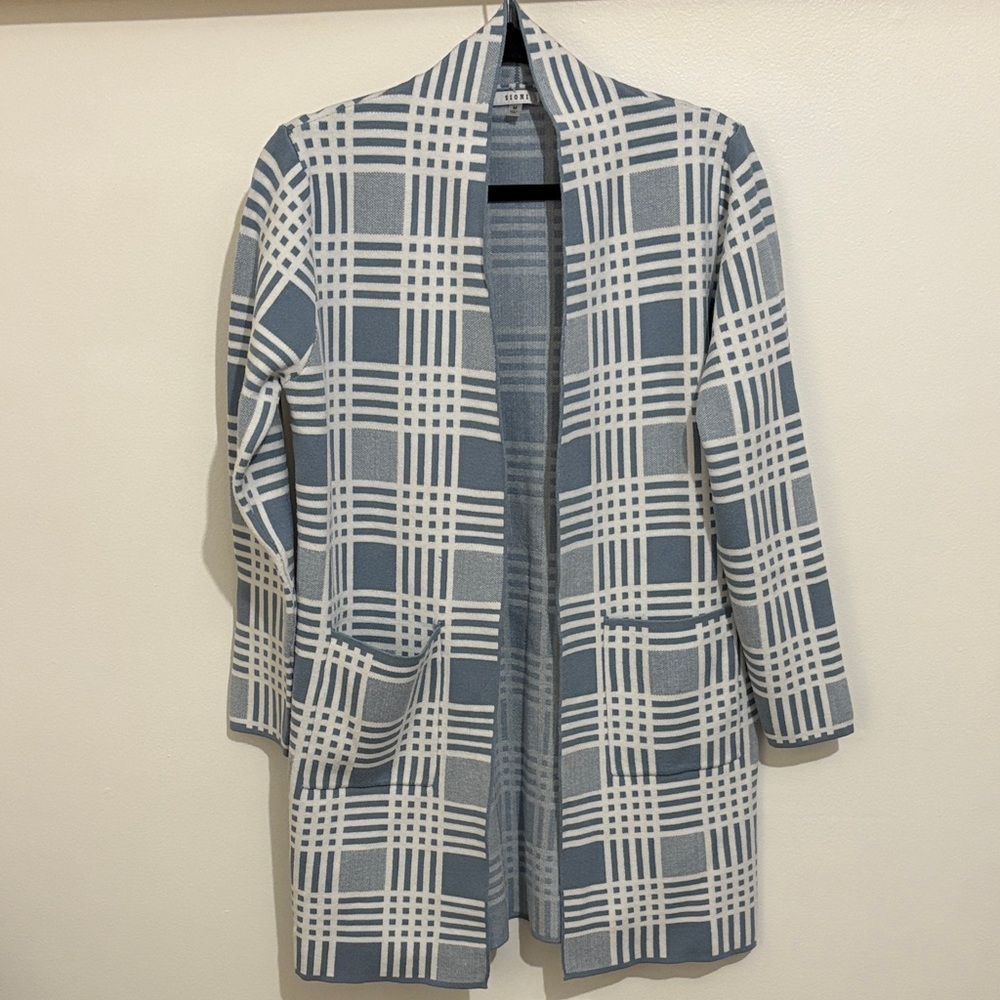 Light Blue and White Plaid Open Cardigan